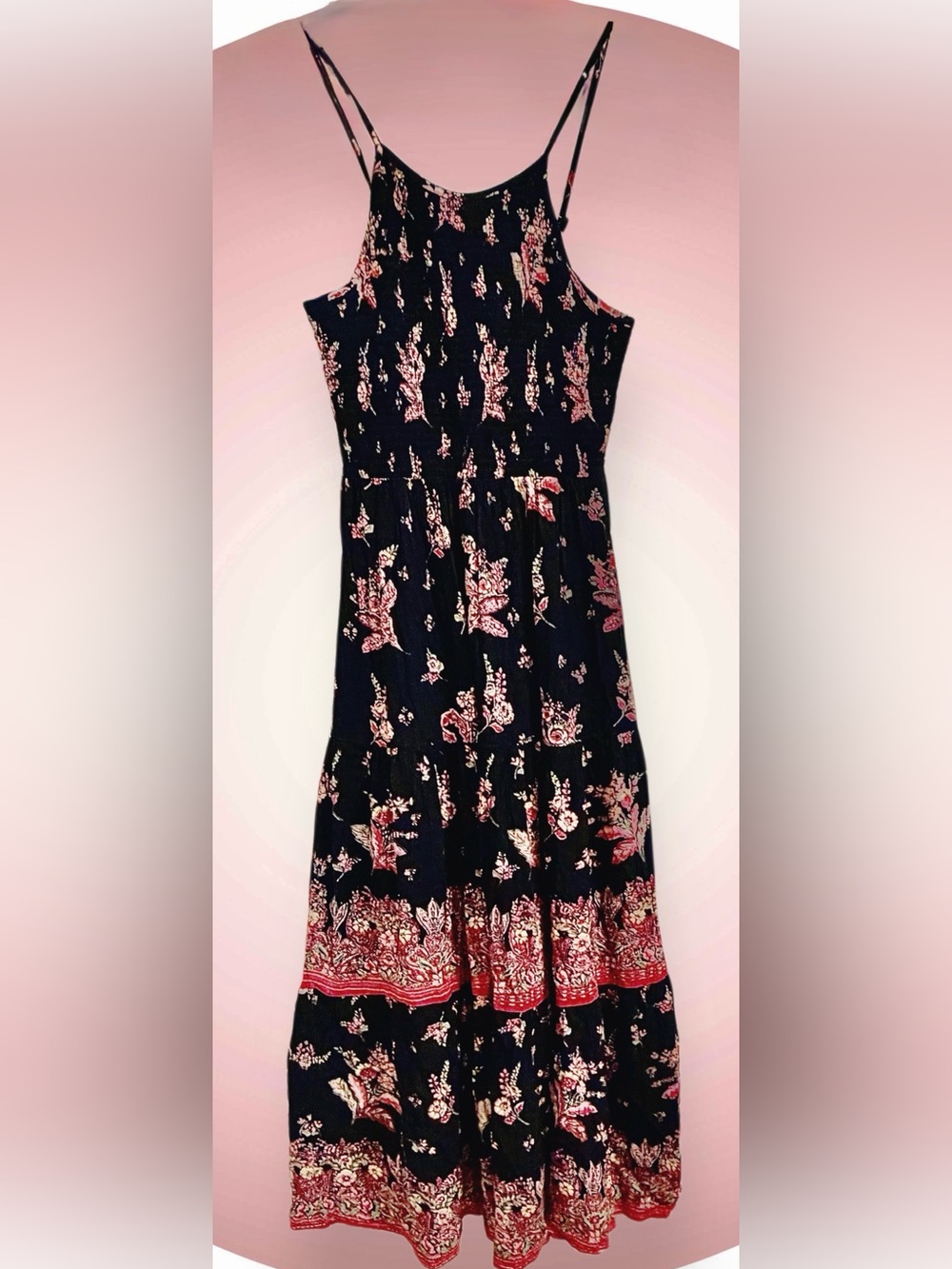 Angie Black Maxi Dress with Pink Floral and Red Border Juniors size Large - Picture 1 of 7